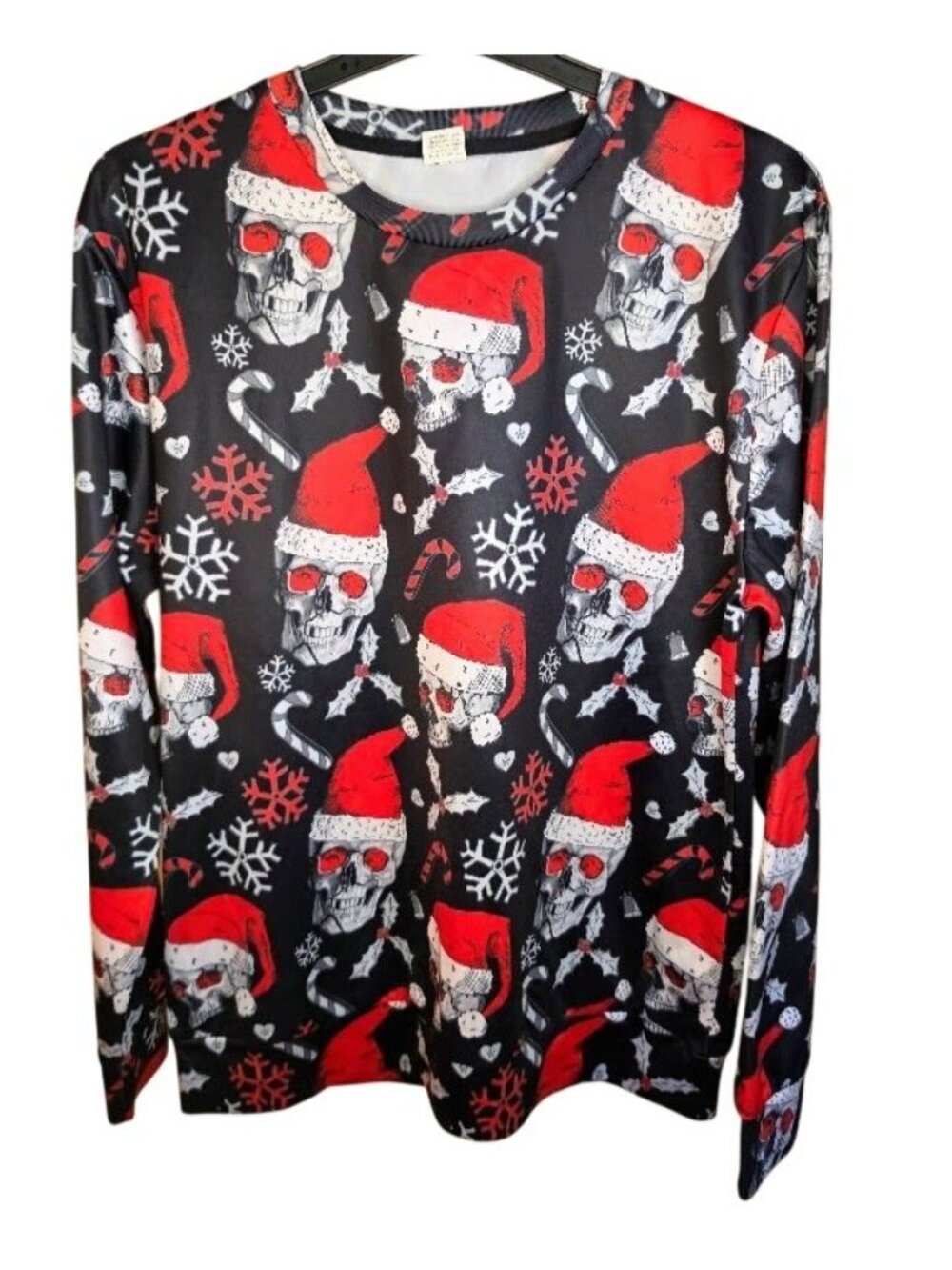 Santa Skull Christmas Shirt Mens M Goth Holiday Long Sleeve Black Red Stretch